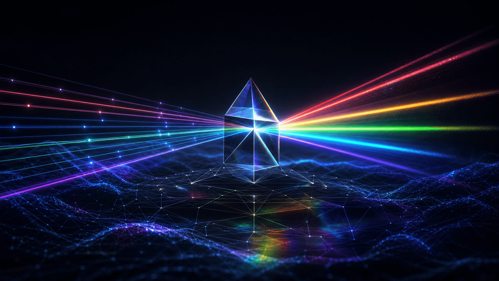 Transparent glass prism splitting spectral workflow beams over a dark networked terrain